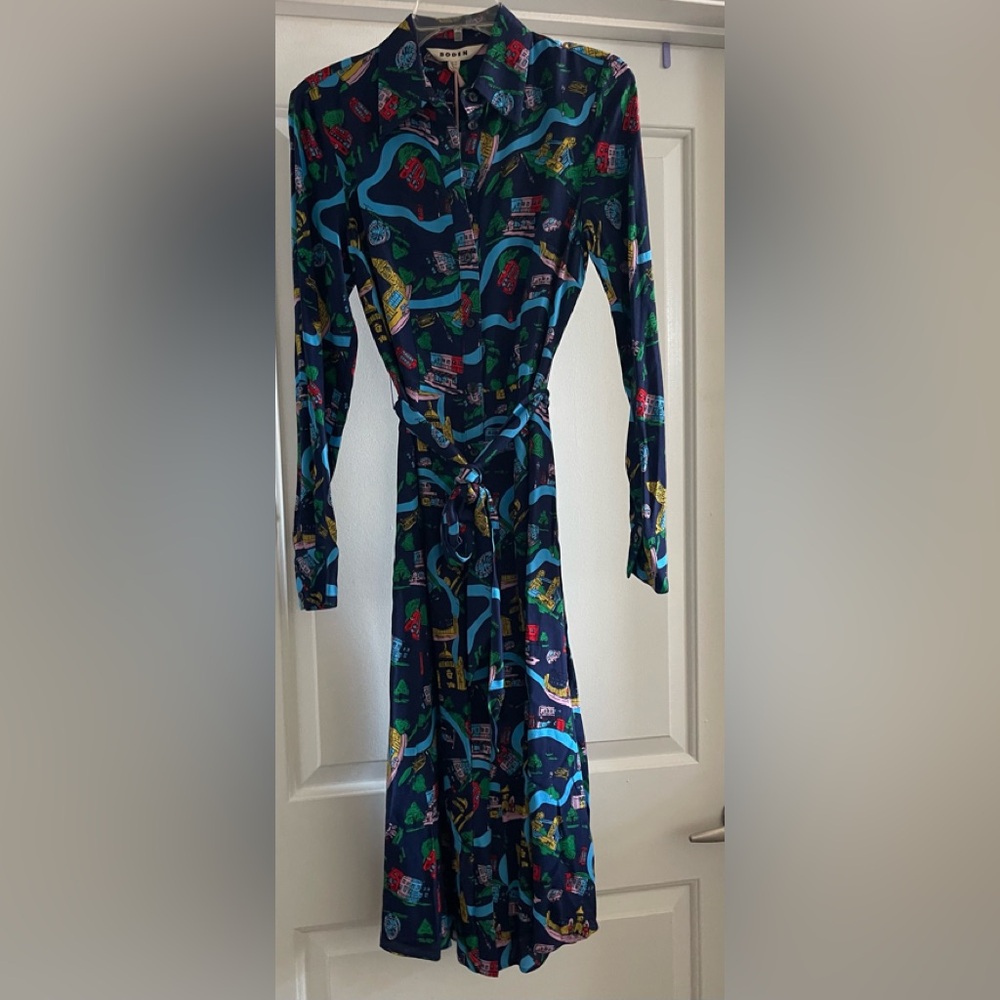 Boden Navy Scenic Print Long-Sleeve Shirt Dress